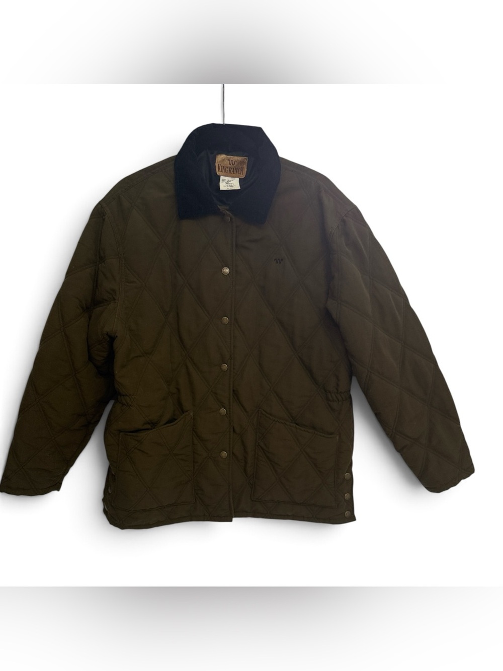 King Ranch Quilted  Women’s Barn Style Coat - Olive   with Brown Corduroy Collar